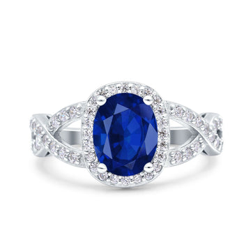 Infinity Twisted Shank Art Deco Oval Wedding Ring Simulated Blue Sapphire CZ 925 Sterling Silver